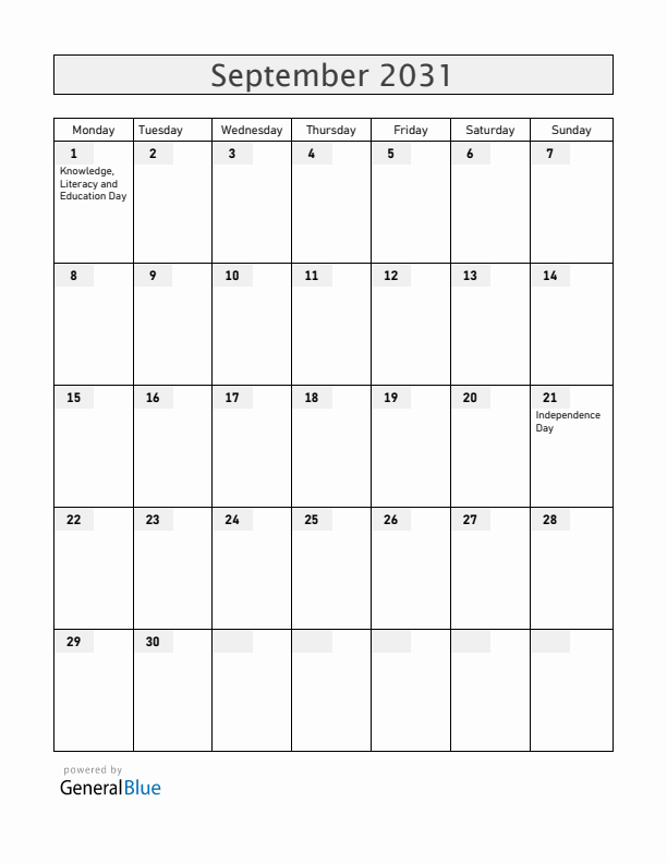 Armenia September 2031 Calendar with Holidays