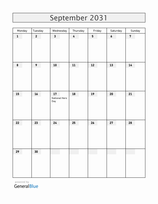 Angola September 2031 Calendar with Holidays