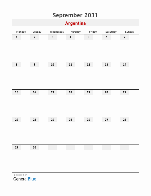 Argentina September 2031 Calendar with Holidays