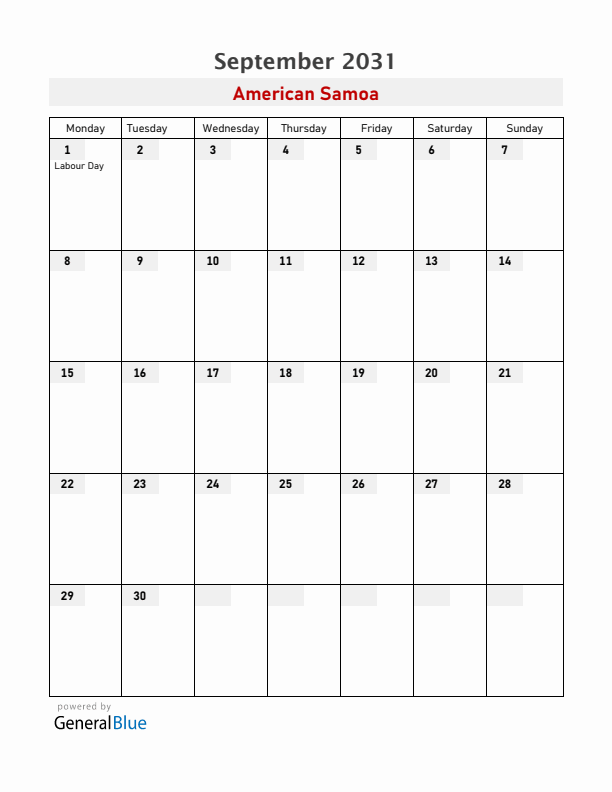 American Samoa September 2031 Calendar with Holidays