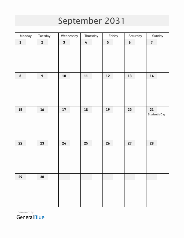 Bolivia September 2031 Calendar with Holidays