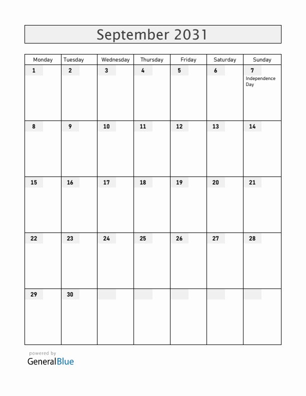 Brazil September 2031 Calendar with Holidays