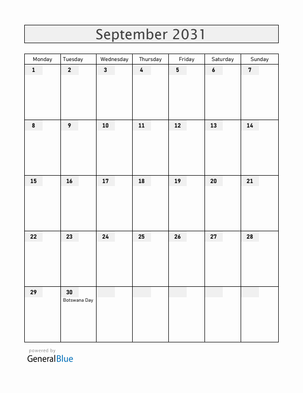 Botswana September 2031 Calendar with Holidays