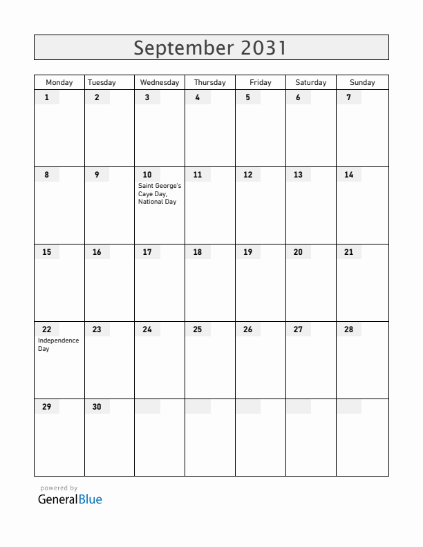 Belize September 2031 Calendar with Holidays