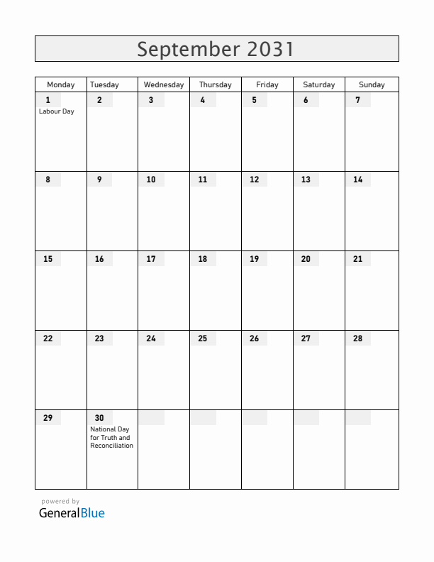 Canada September 2031 Calendar with Holidays