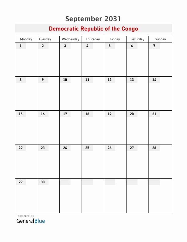 Democratic Republic of the Congo September 2031 Calendar with Holidays