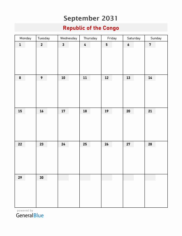Republic of the Congo September 2031 Calendar with Holidays