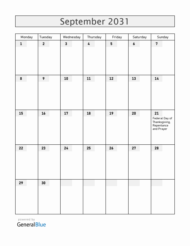 Switzerland September 2031 Calendar with Holidays