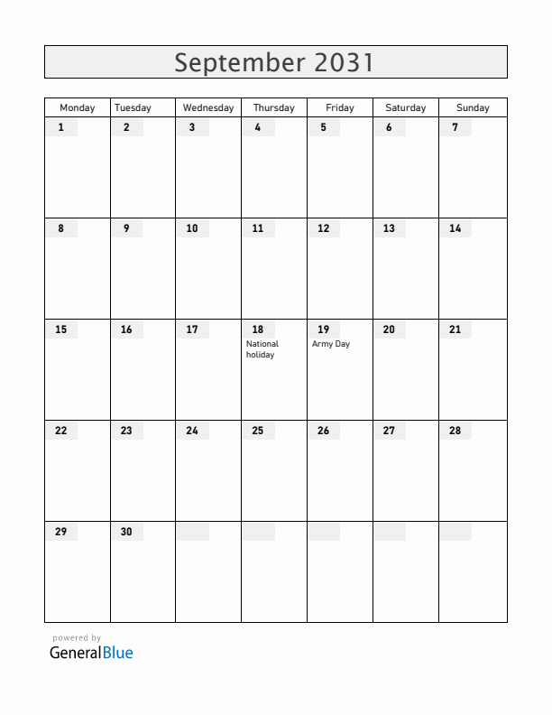 Chile September 2031 Calendar with Holidays