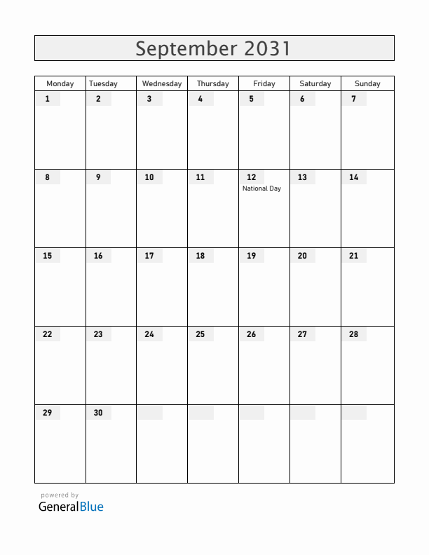 Cabo Verde September 2031 Calendar with Holidays