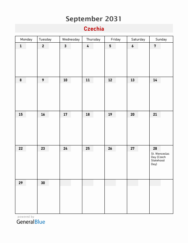 Czechia September 2031 Calendar with Holidays