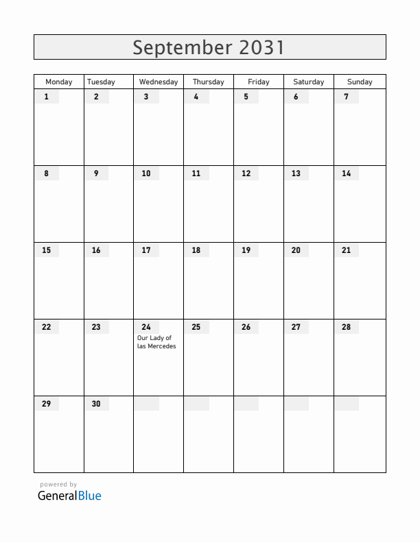 Dominican Republic September 2031 Calendar with Holidays