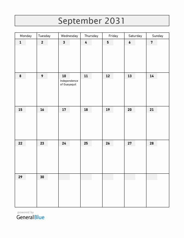 Ecuador September 2031 Calendar with Holidays