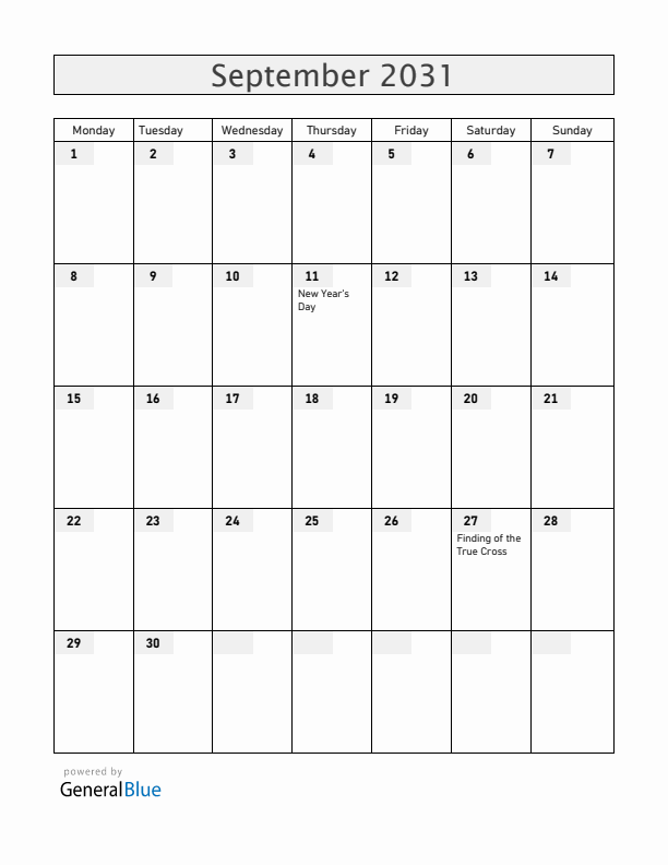 Ethiopia September 2031 Calendar with Holidays