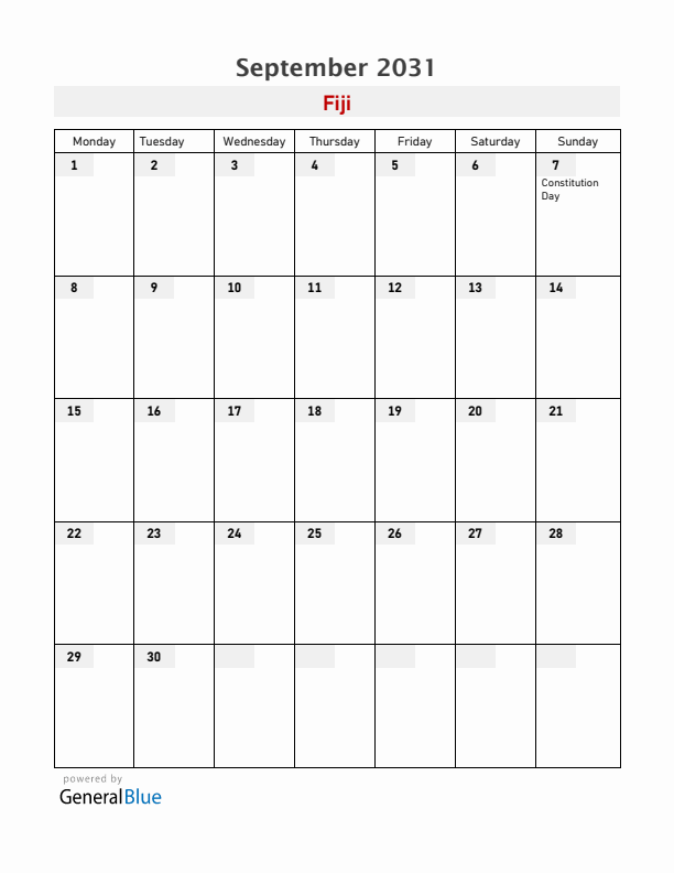 Fiji September 2031 Calendar with Holidays