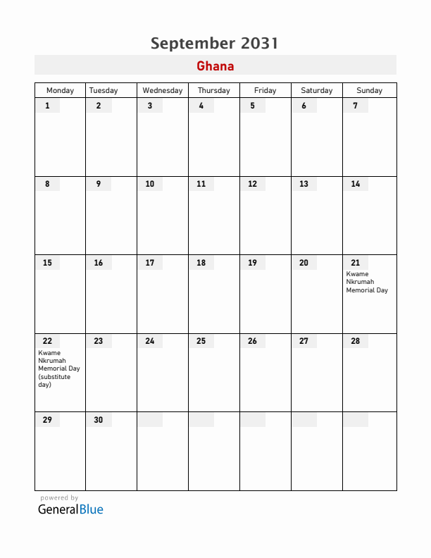 Ghana September 2031 Calendar with Holidays
