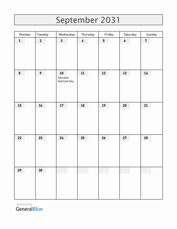 Gibraltar September 2031 Calendar with Holidays