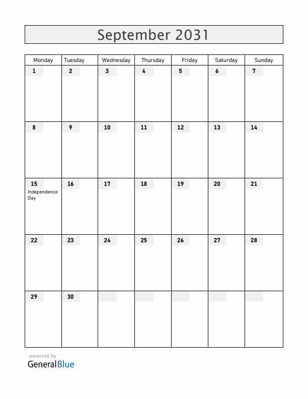 Guatemala September 2031 Calendar with Holidays