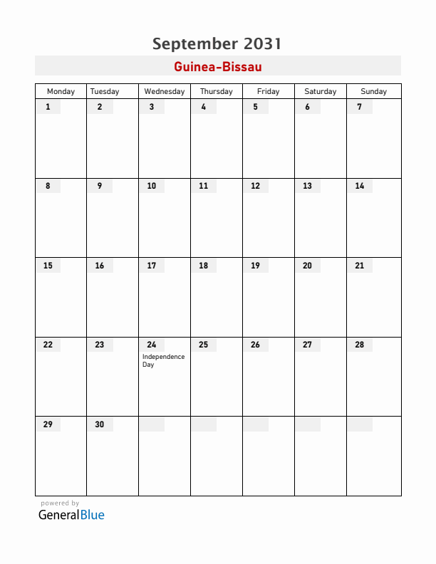Guinea-Bissau September 2031 Calendar with Holidays