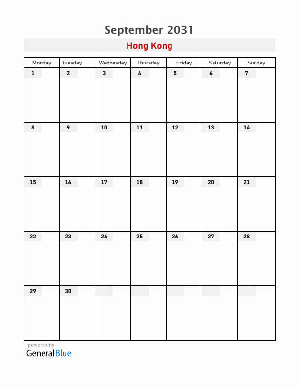 Hong Kong September 2031 Calendar with Holidays