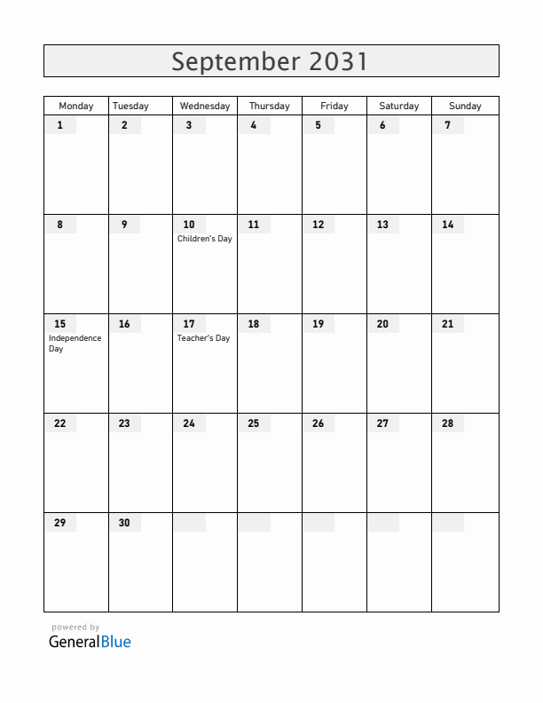 Honduras September 2031 Calendar with Holidays