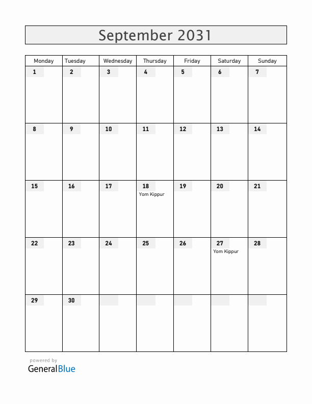 Croatia September 2031 Calendar with Holidays