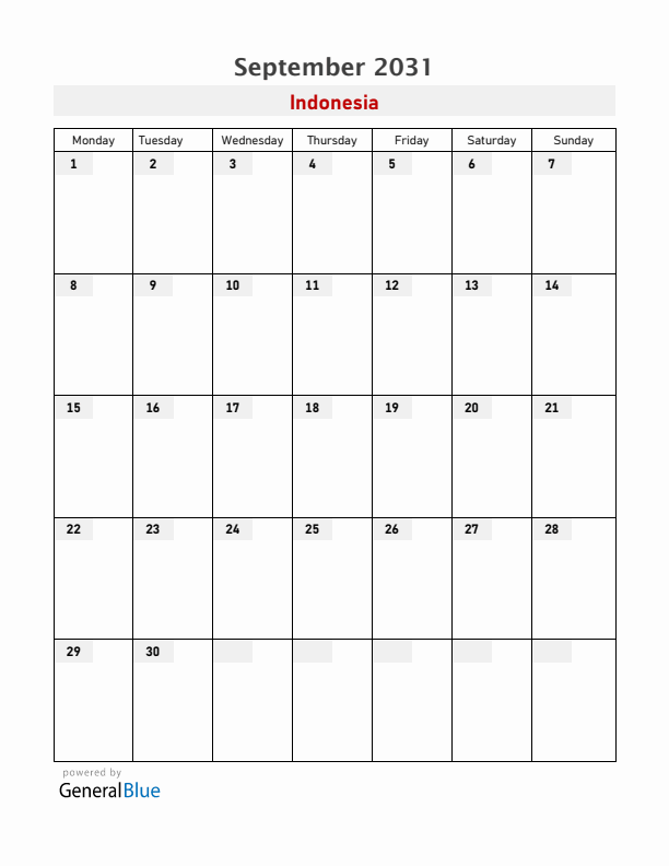 Indonesia September 2031 Calendar with Holidays