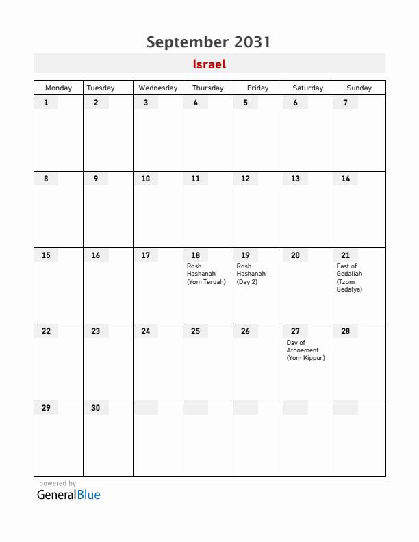 Israel September 2031 Calendar with Holidays