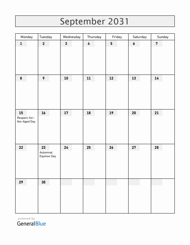Japan September 2031 Calendar with Holidays