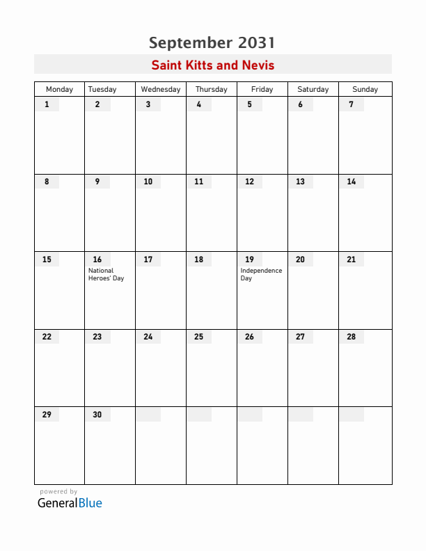 Saint Kitts and Nevis September 2031 Calendar with Holidays