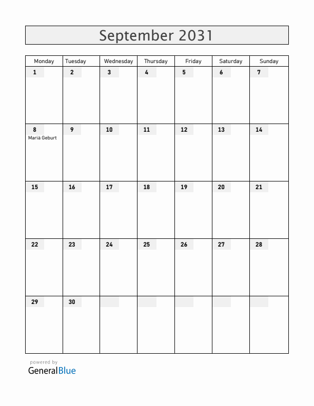 Liechtenstein September 2031 Calendar with Holidays