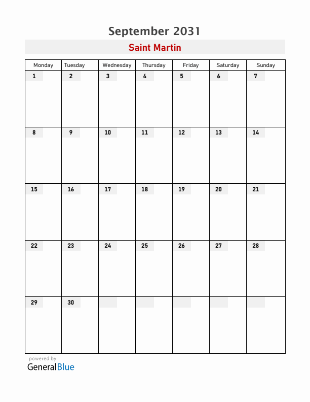 Saint Martin September 2031 Calendar with Holidays