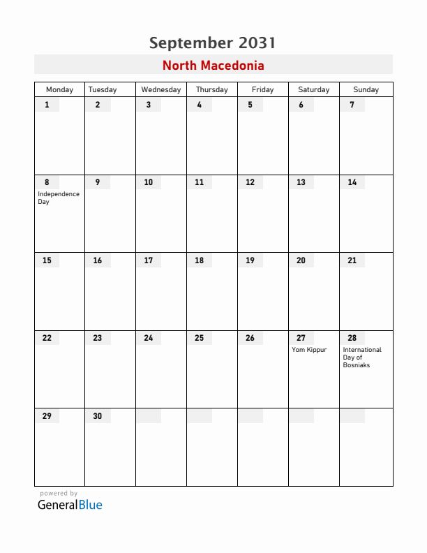 North Macedonia September 2031 Calendar with Holidays