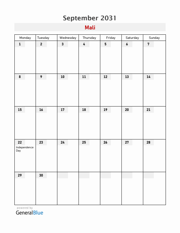 Mali September 2031 Calendar with Holidays
