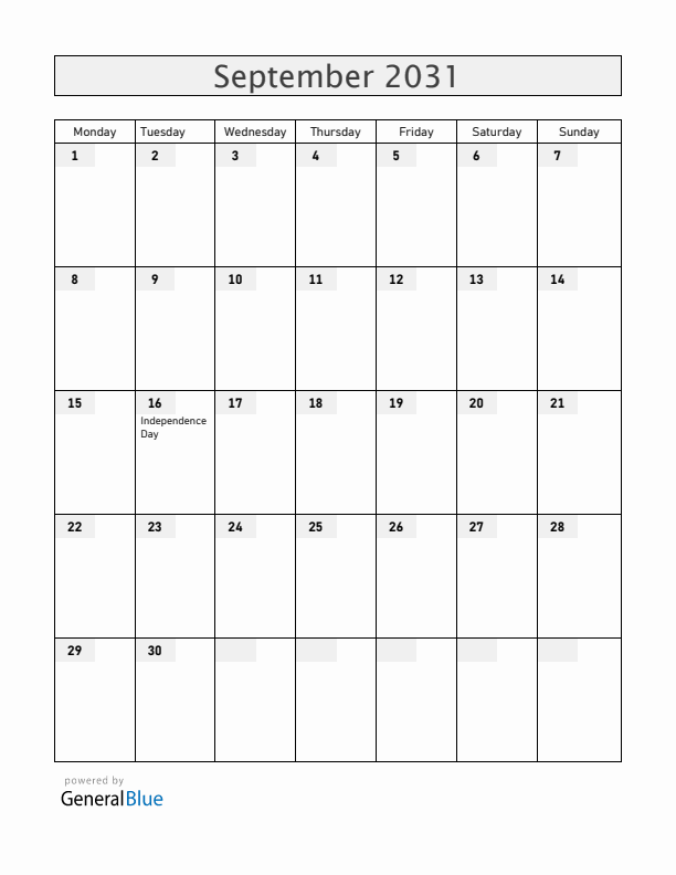 Mexico September 2031 Calendar with Holidays