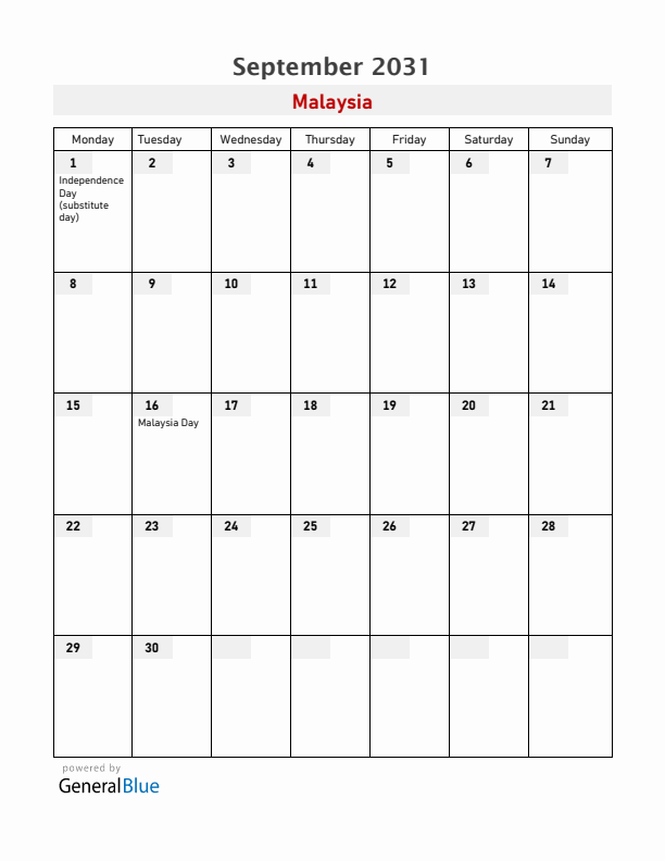 Malaysia September 2031 Calendar with Holidays