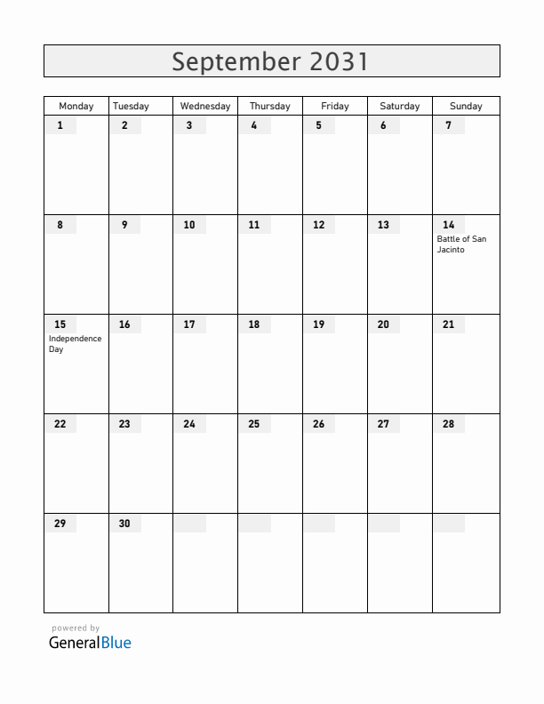 Nicaragua September 2031 Calendar with Holidays