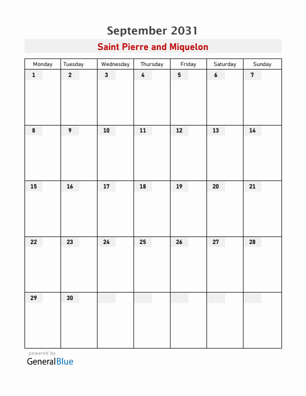 Saint Pierre and Miquelon September 2031 Calendar with Holidays