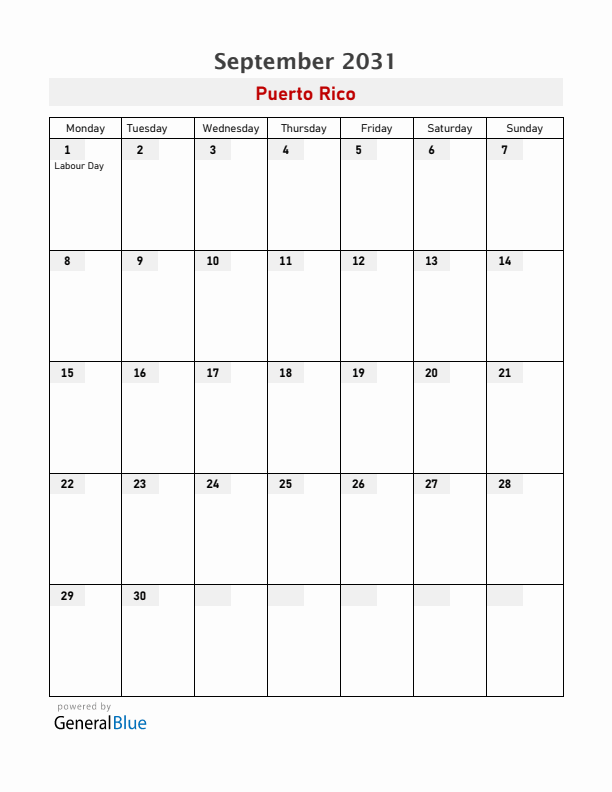 Puerto Rico September 2031 Calendar with Holidays