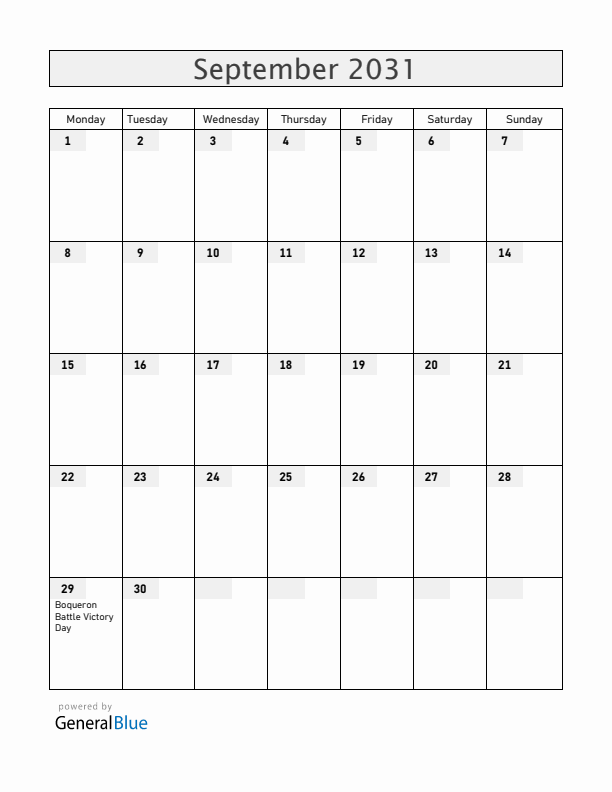 Paraguay September 2031 Calendar with Holidays