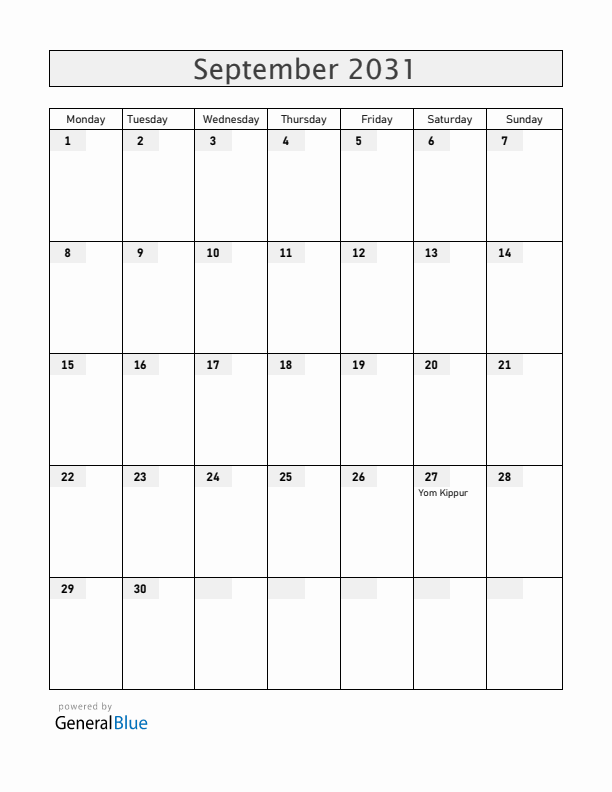 Serbia September 2031 Calendar with Holidays