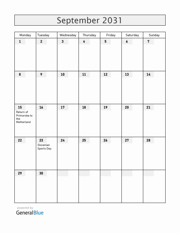 Slovenia September 2031 Calendar with Holidays