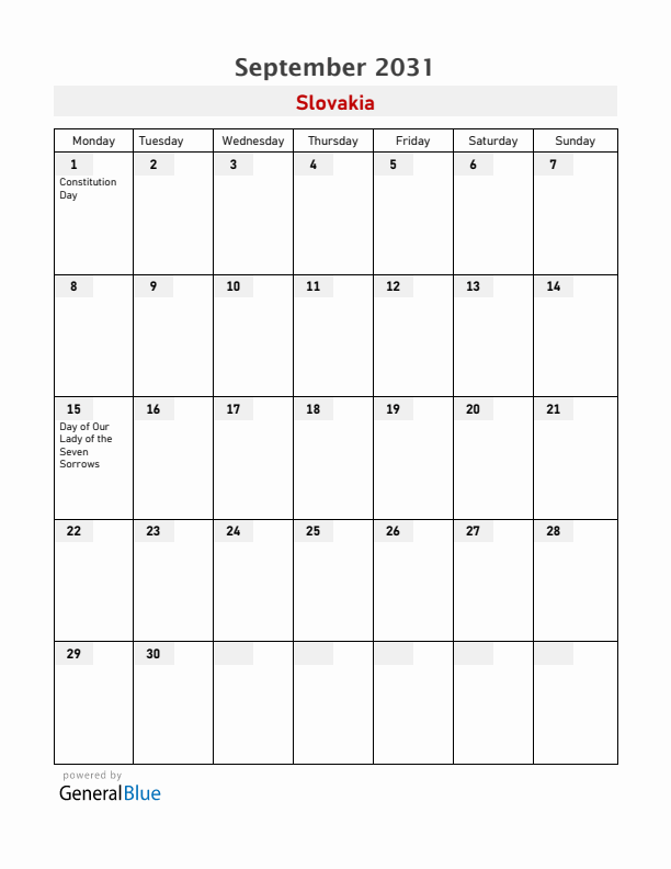 Slovakia September 2031 Calendar with Holidays