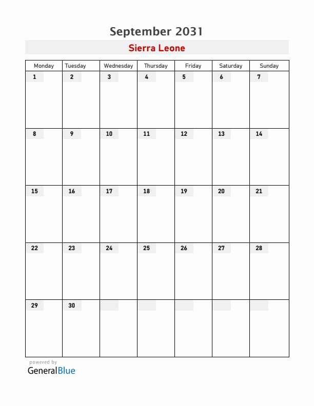 Sierra Leone September 2031 Calendar with Holidays