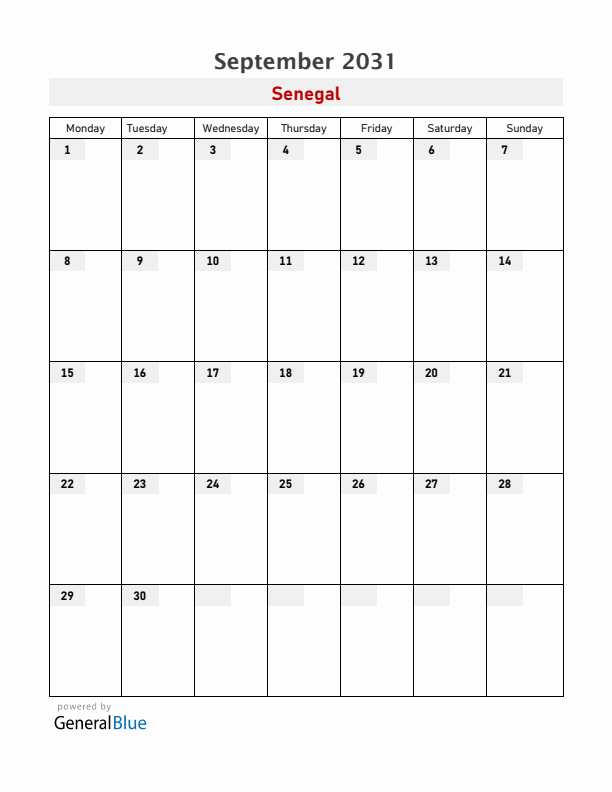 Senegal September 2031 Calendar with Holidays