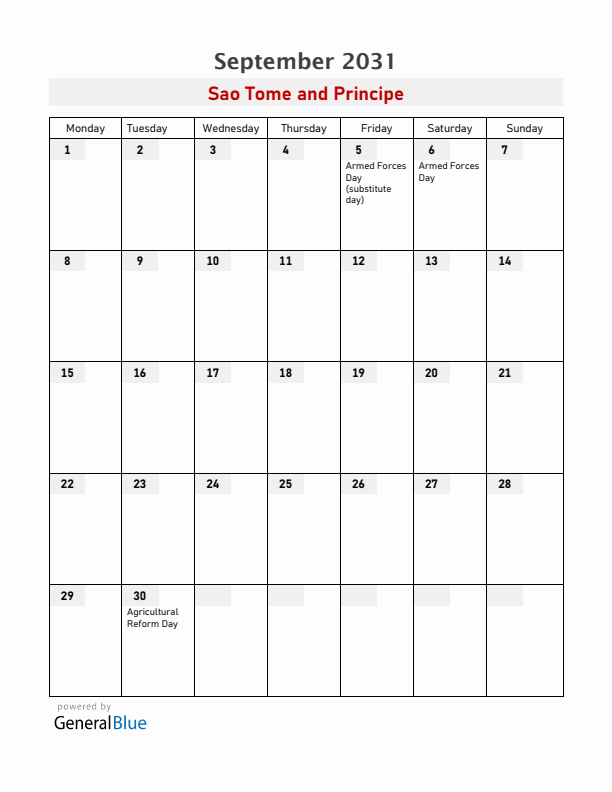Sao Tome and Principe September 2031 Calendar with Holidays