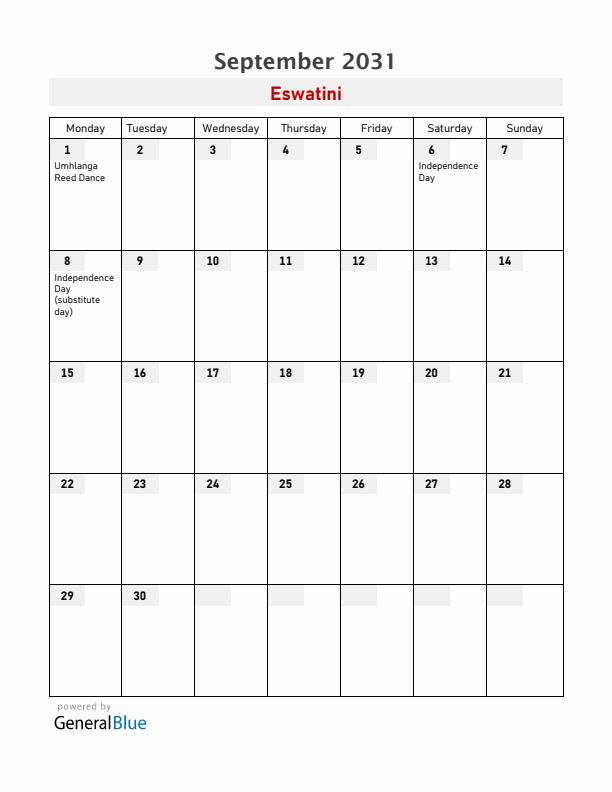 Eswatini September 2031 Calendar with Holidays