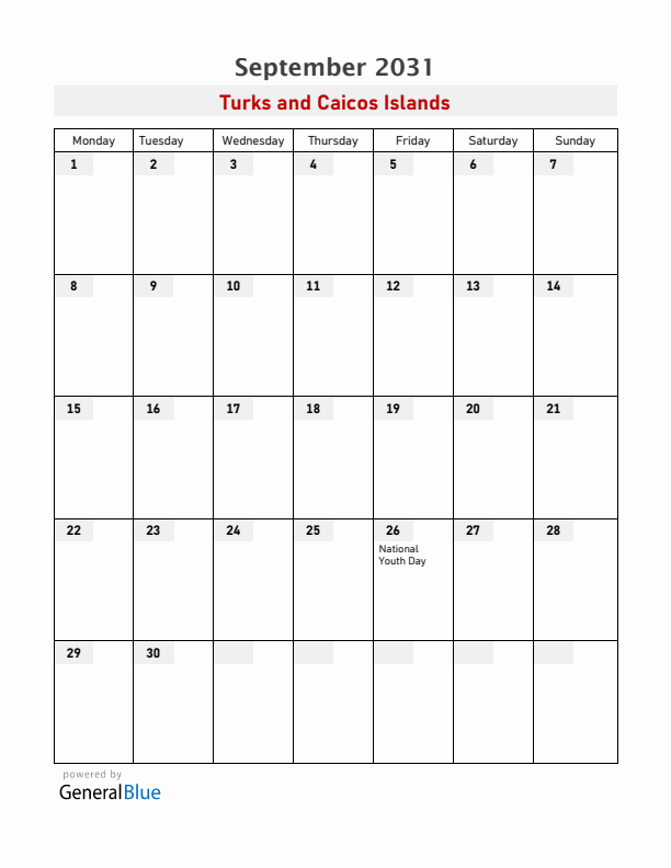 Turks and Caicos Islands September 2031 Calendar with Holidays