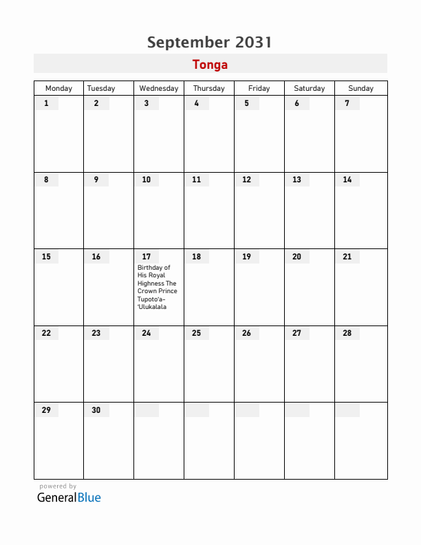 Tonga September 2031 Calendar with Holidays