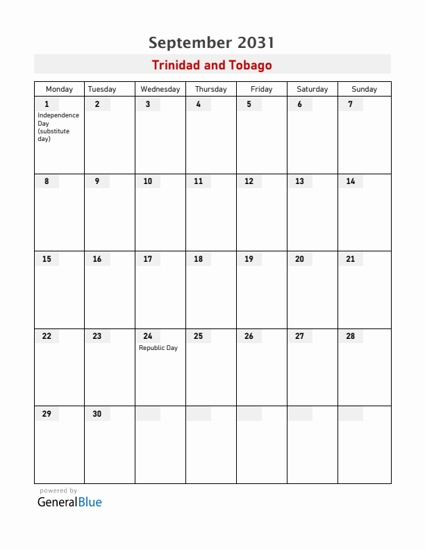 Trinidad and Tobago September 2031 Calendar with Holidays